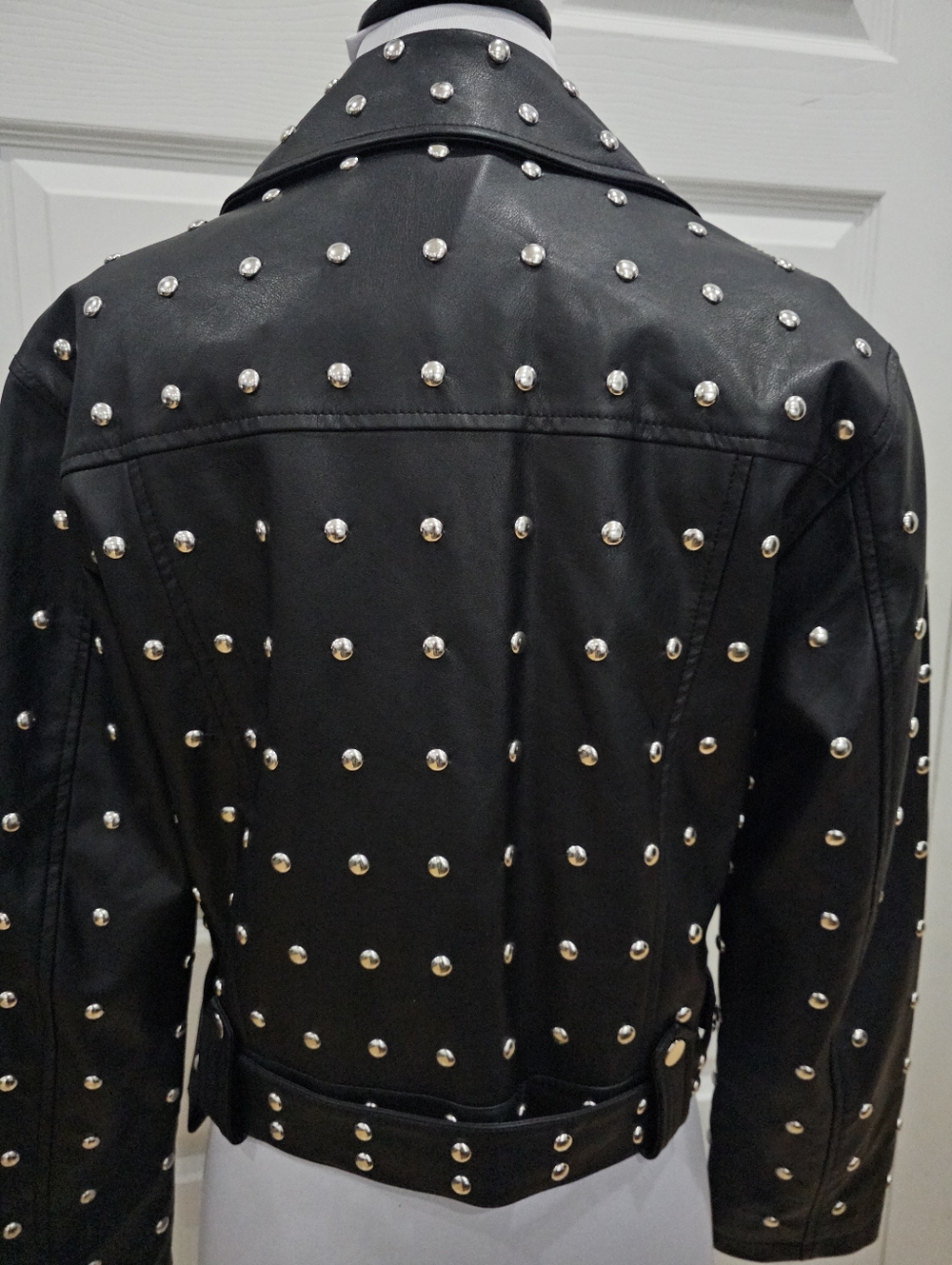Forever 21 Punk Goth Black Silver Studded Faux Leather Zip Moto Jacket Coat S - Picture 6 of 12